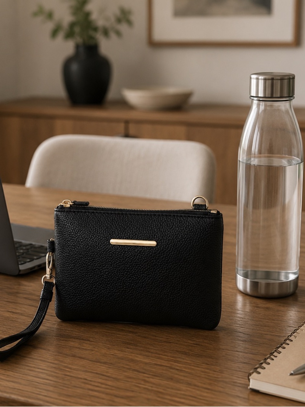 Black Pebbled Leather Wristlet Clutch with Gold Accent